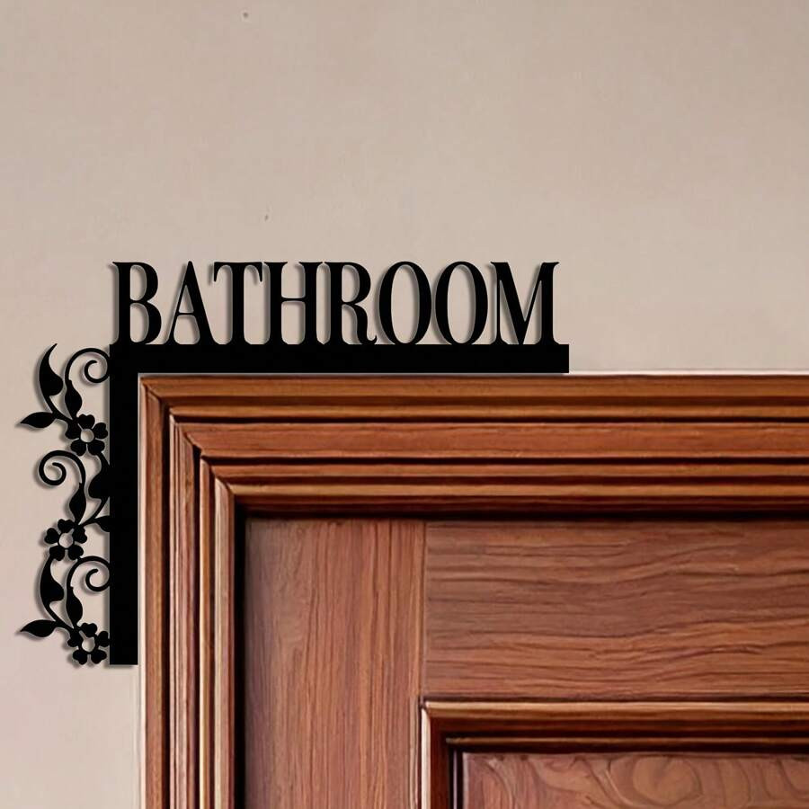 Bathroom Door Sign Wall-Mounted Iron Metal Art Decor Plaque with Floral Design