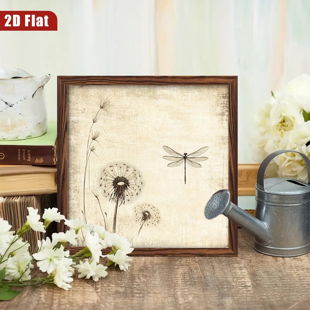 Farmhouse Framed Dandelion Dragonfly Wall Art Vintage Nature Home Decor 8x8in