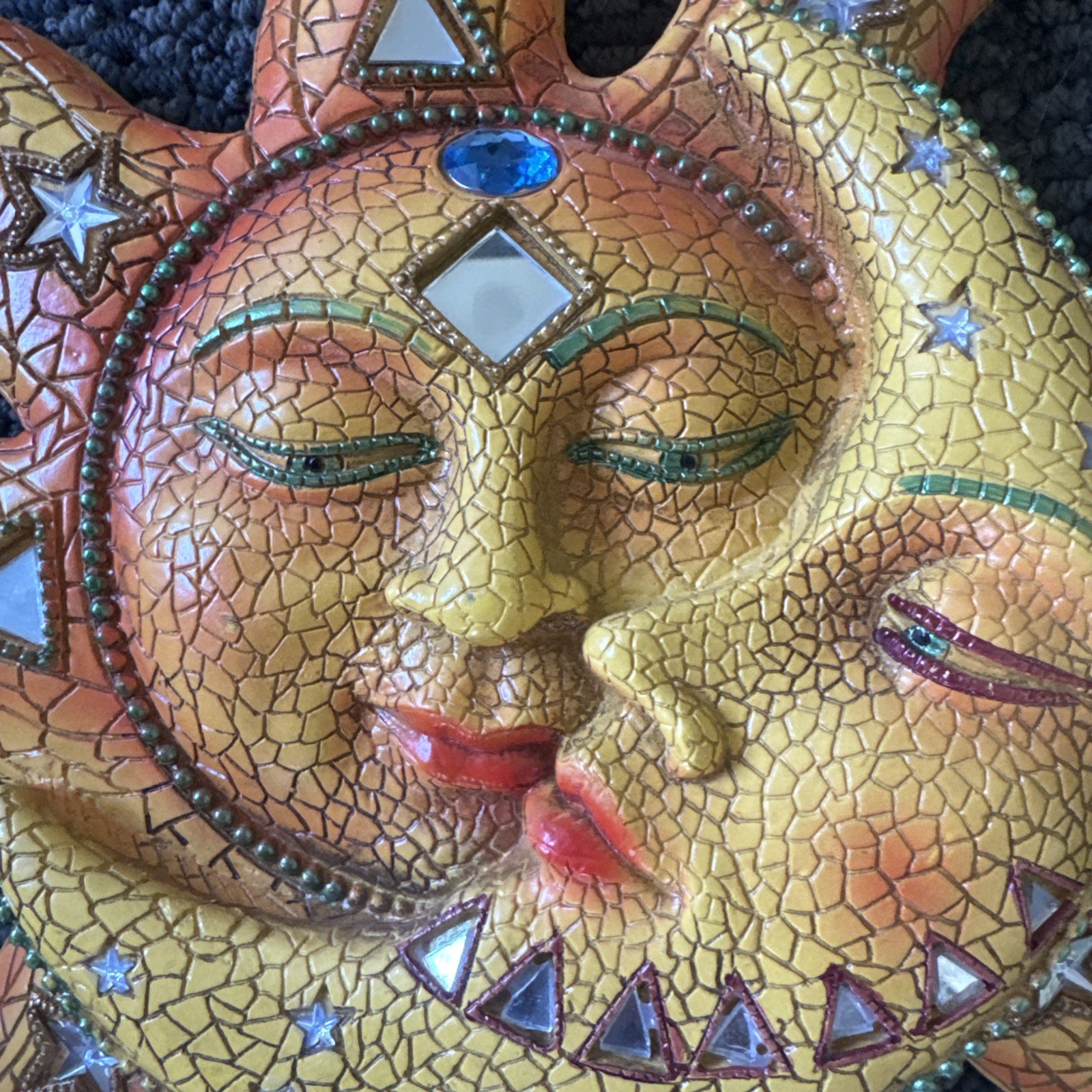 Celestial Orange Mosaic Face Sun with Yellow Mosaic Moon, 13″H Wall Plaque Decor