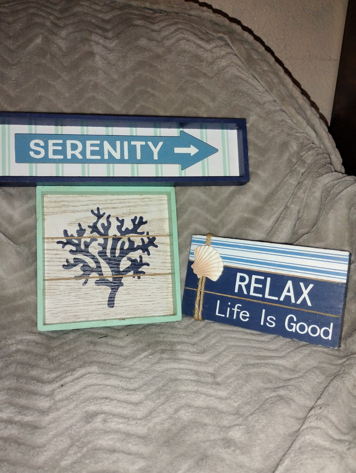 Beach Nautical Wooden Wall Sign Set of 3, Serenity Relax Life Is Good, Blue