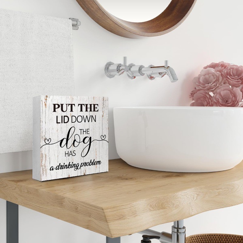 Funny “Put The Lid Down” Dog Quote Wooden Box Sign Bathroom Decor Plaque