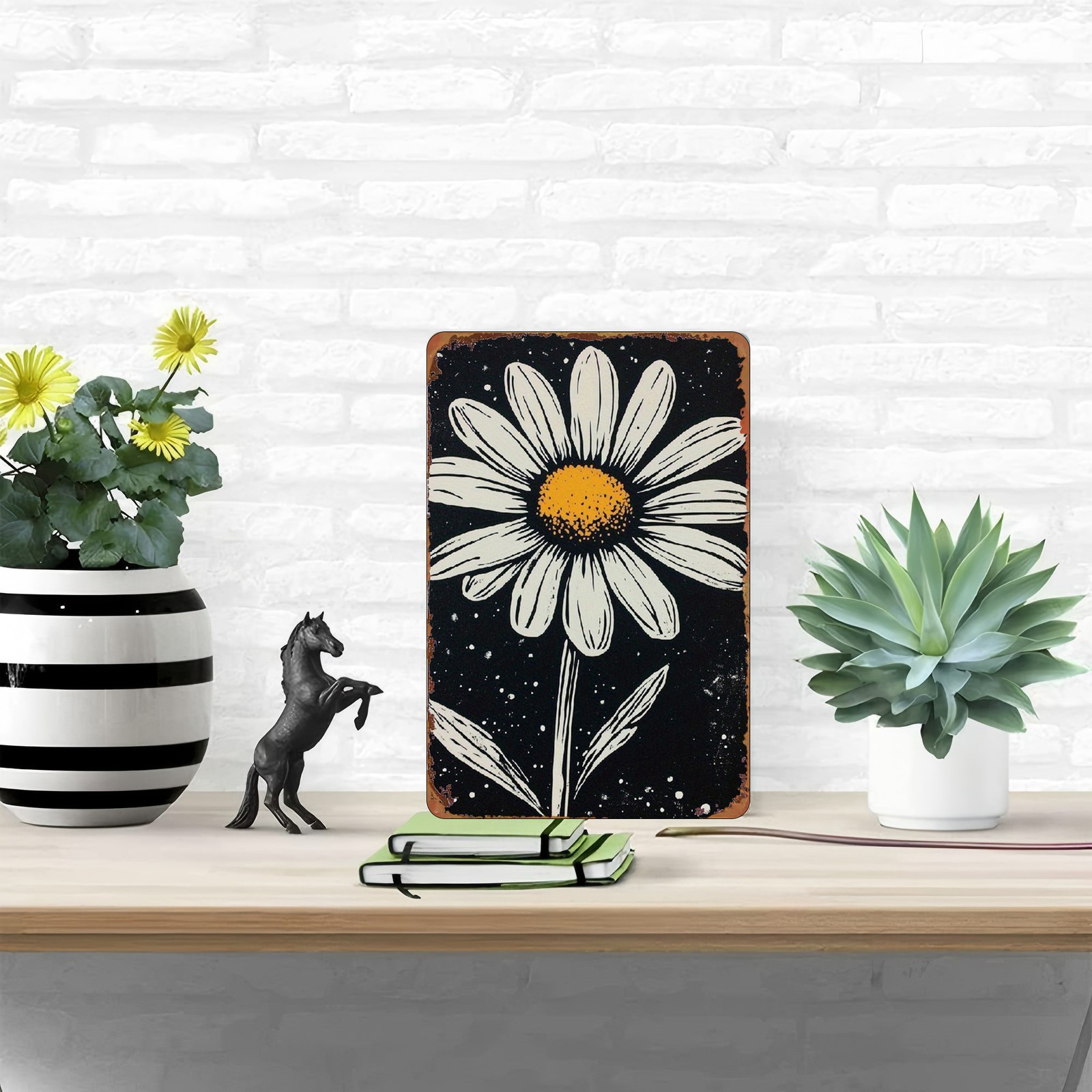 20.32×30.48 cm Metal Sign, Black White Daisy Painting
