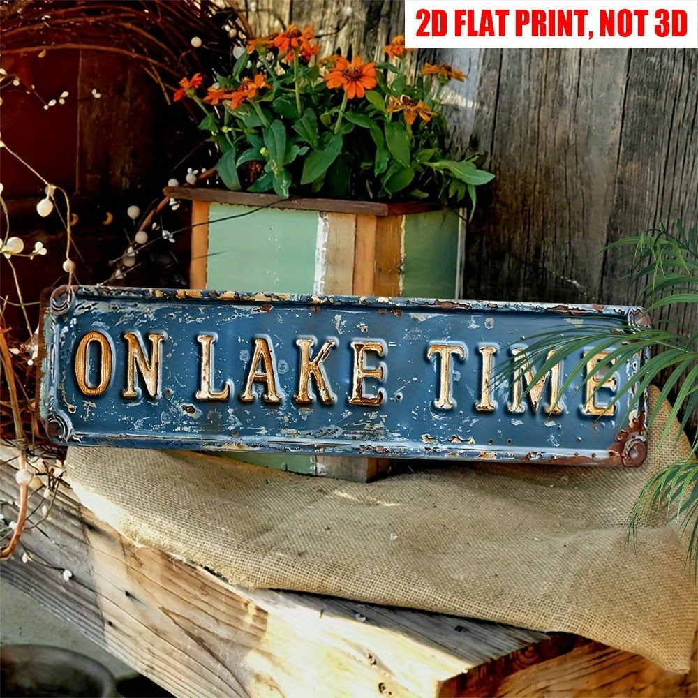 Vintage On Lake Time Wall Decor Street Sign Lakehouse Rustic Metal Tin Sign 16×4