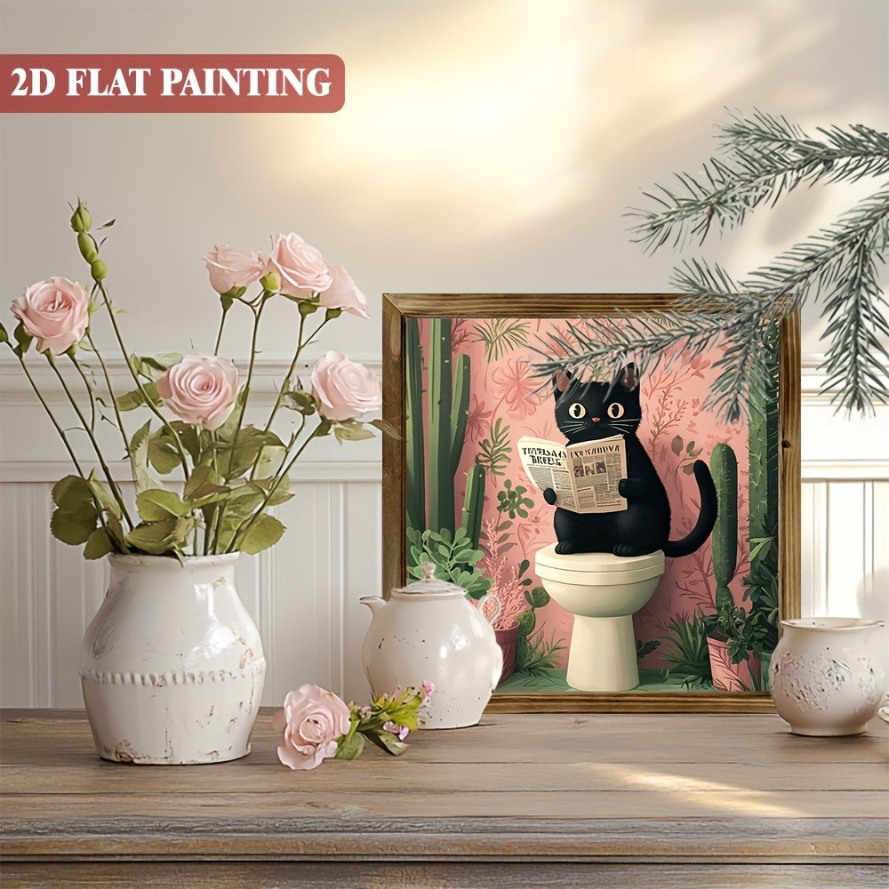 2D Bohemian Black Cat Reading Newspaper Wooden Sign for Home Bathroom Wall Decor
