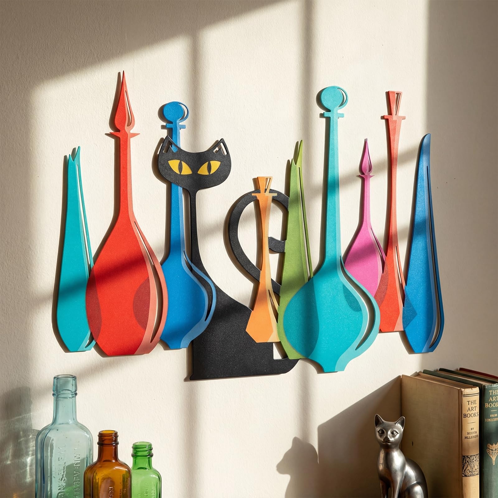 Cat Metal Wall Art Decor Mid Century Modern Atomic Cat Colorful Glass Decante…
