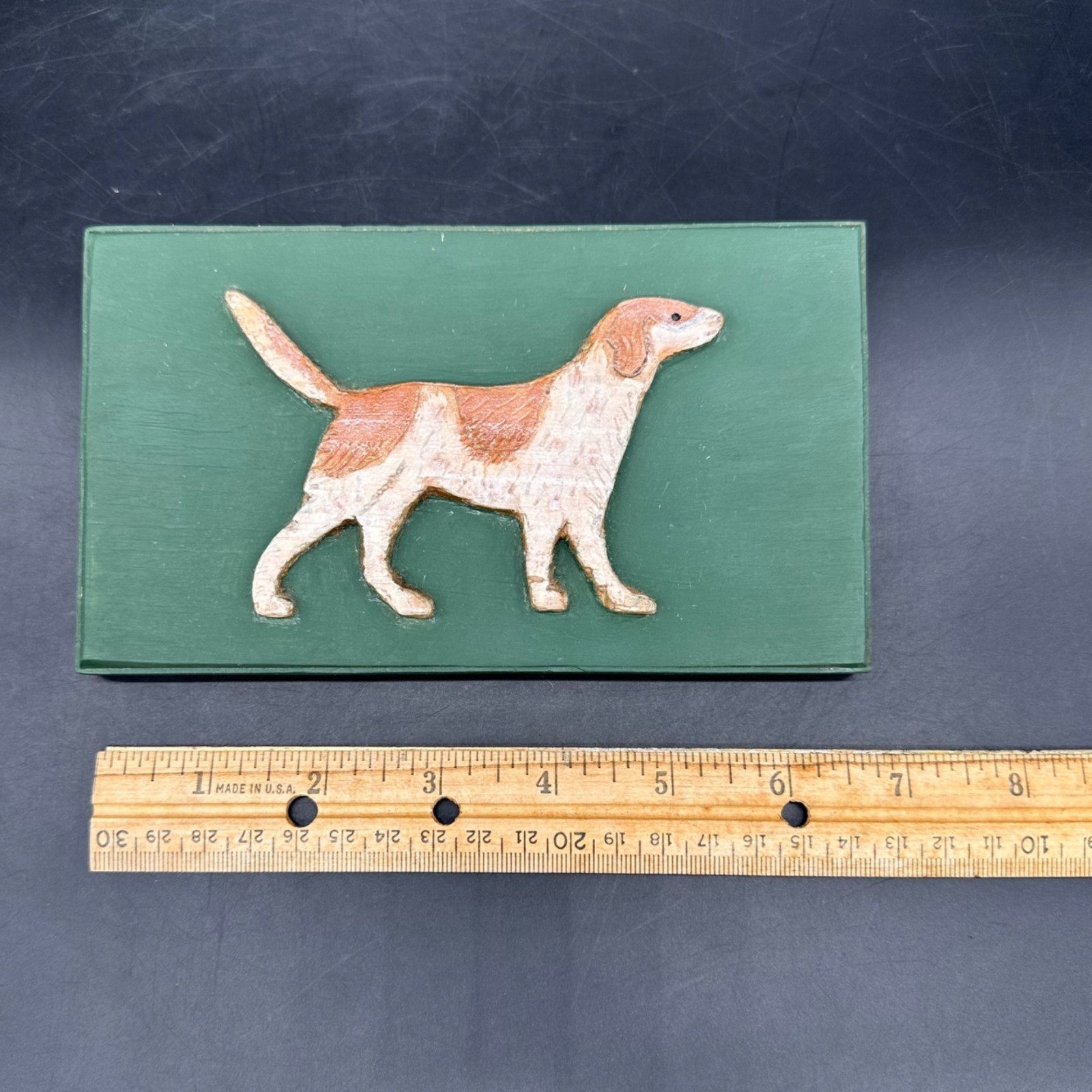 Vintage Folk Art Wall Hanging Plaque Wooden Spaniel Pointer Dog Rustic Green