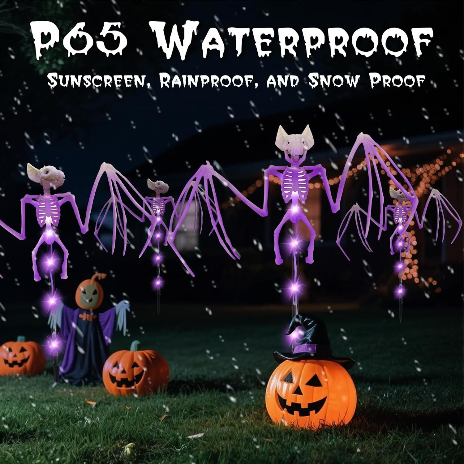 Solar Halloween Decorations Outdoor – 4Pcs 3D Scary Bat & Skeleton Lights