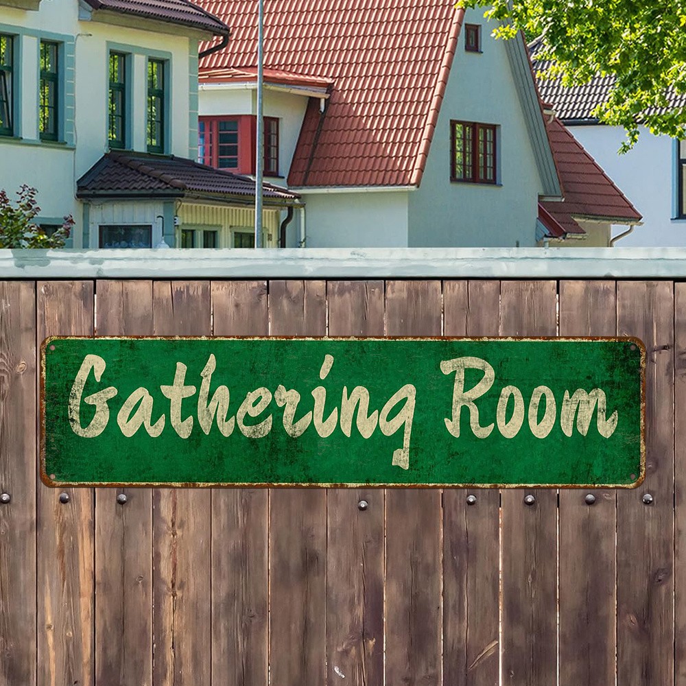 Vintage Metal Iron Sign “Gathering Room” Wall Art 4X16In Rustic Green & Golden