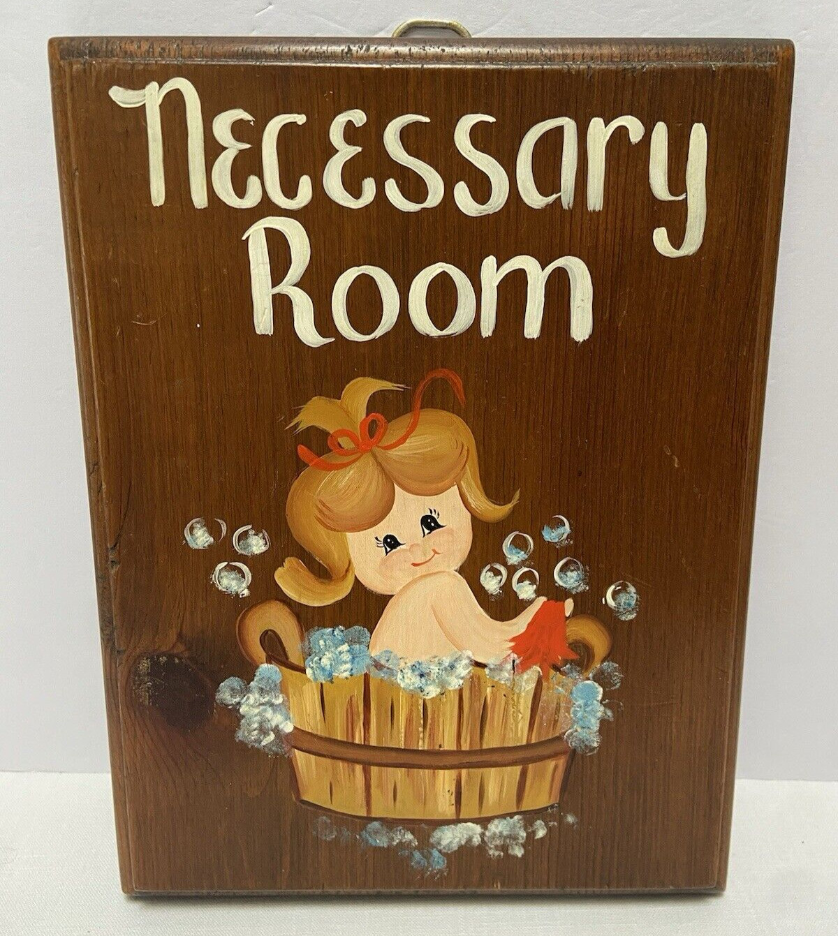 Wooden Hand Painted Wall Art Plaque Bathroom Girl Bubbles Necessary Room Boudoir