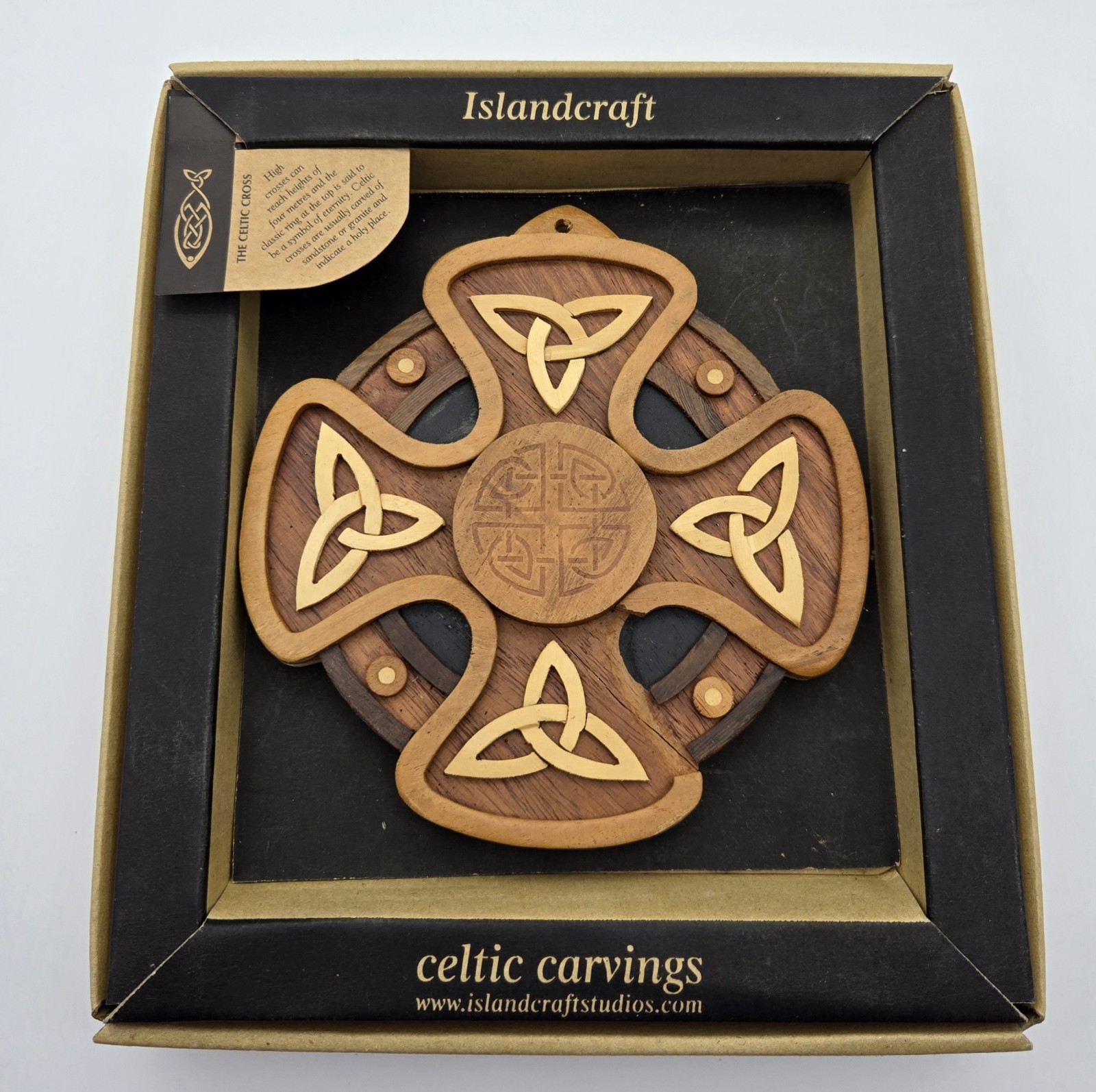 Islandcraft Celtic Cross Wood Wall Hang Trinity Knot Decor Irish Multicolor Box