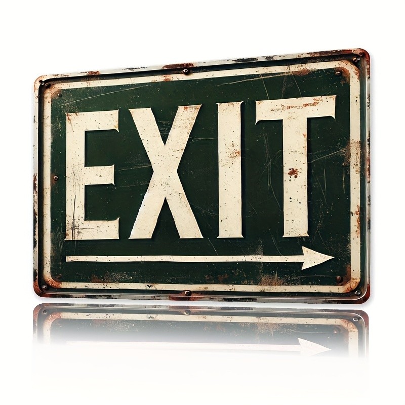 Vintage Metal Sign “Exit”, Distressed Green Paint with White Arrow, Wall Decor