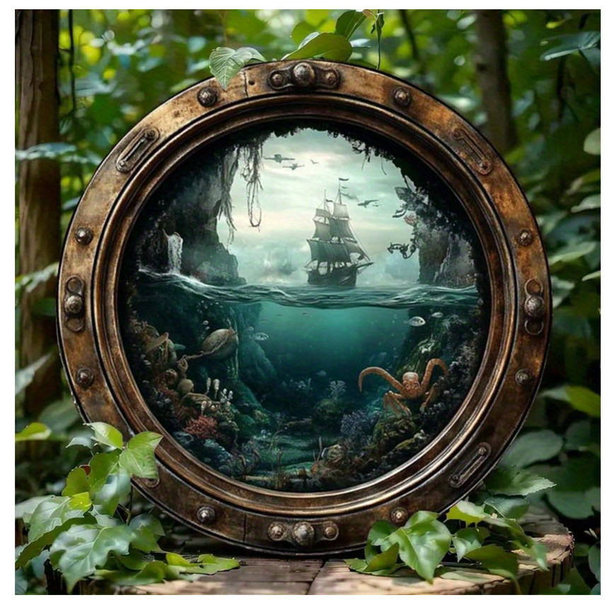 Nautical Ship Porthole Wall Art, Ocean Theme Round Metal Sign, Rust & Waterproo