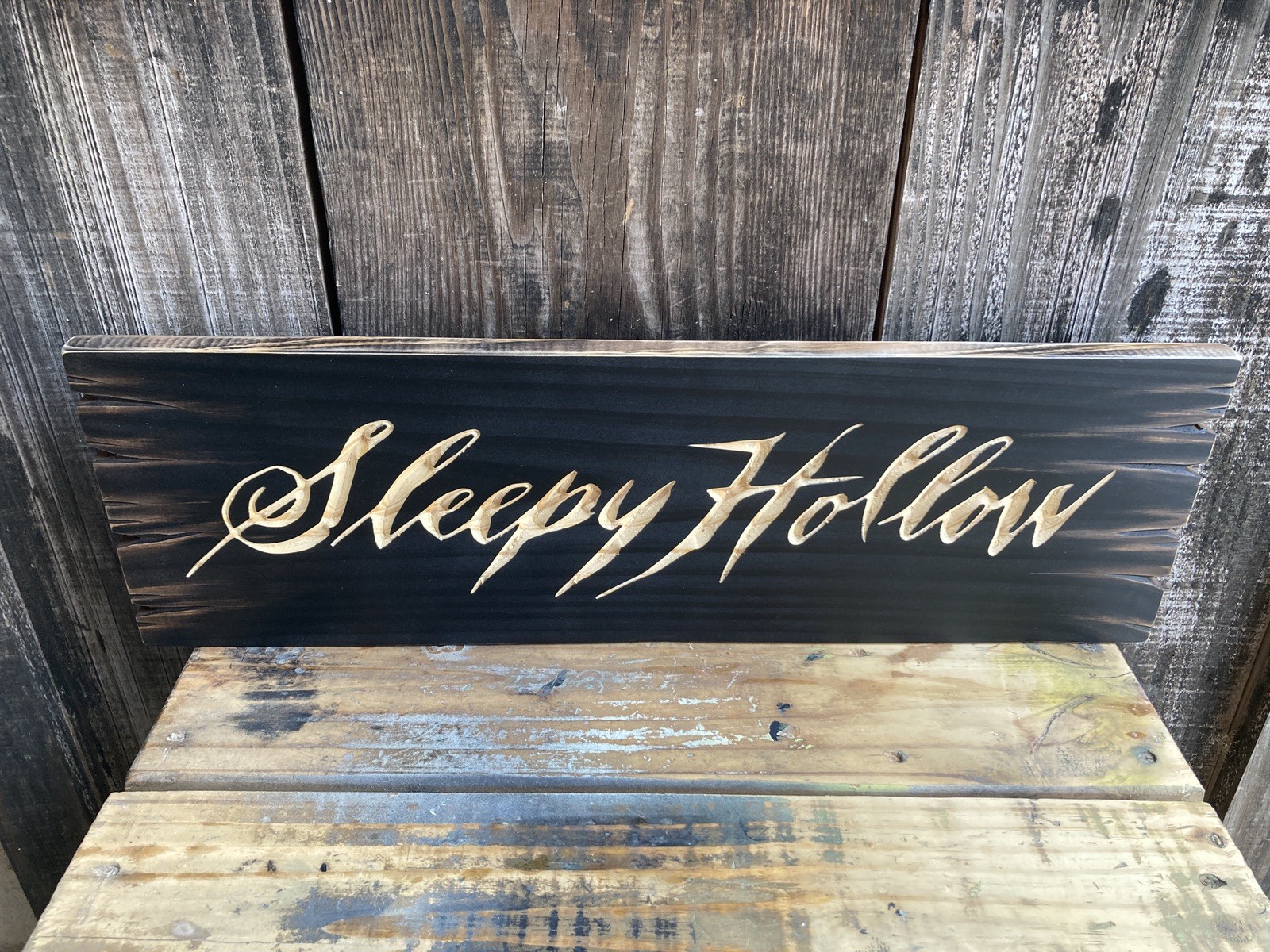 Halloween Sleepy Hollow Wooden Sign Carved Rustic Antique Look
