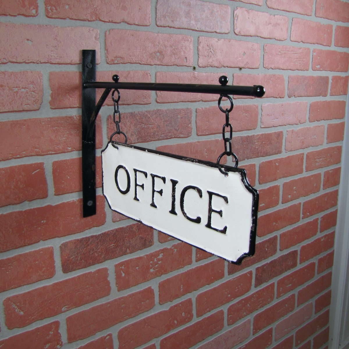 Rustic White Enamel Dual Hanging Office Flange Sign Vintage Embossed Wall Decor