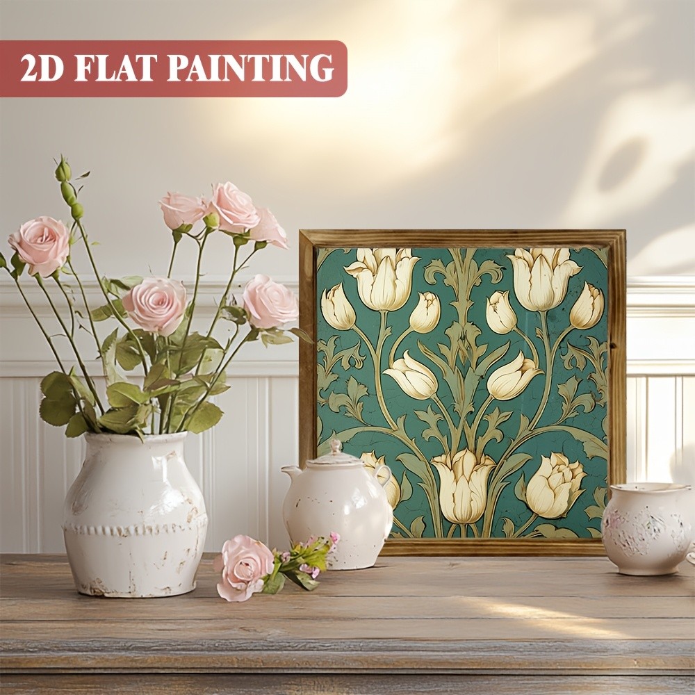 Vintage White Tulip Wooden Framed Art Farmhouse Style Floral Home Wall Decor