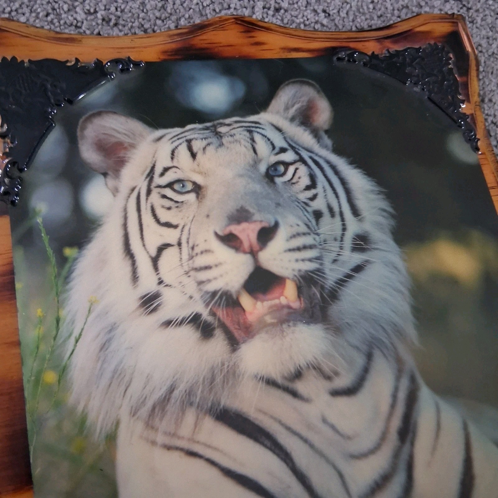 Vintage 90s White Tiger Glossy Engraved 2 Tone Wood Plaque Wall Decor 10×12″ EUC