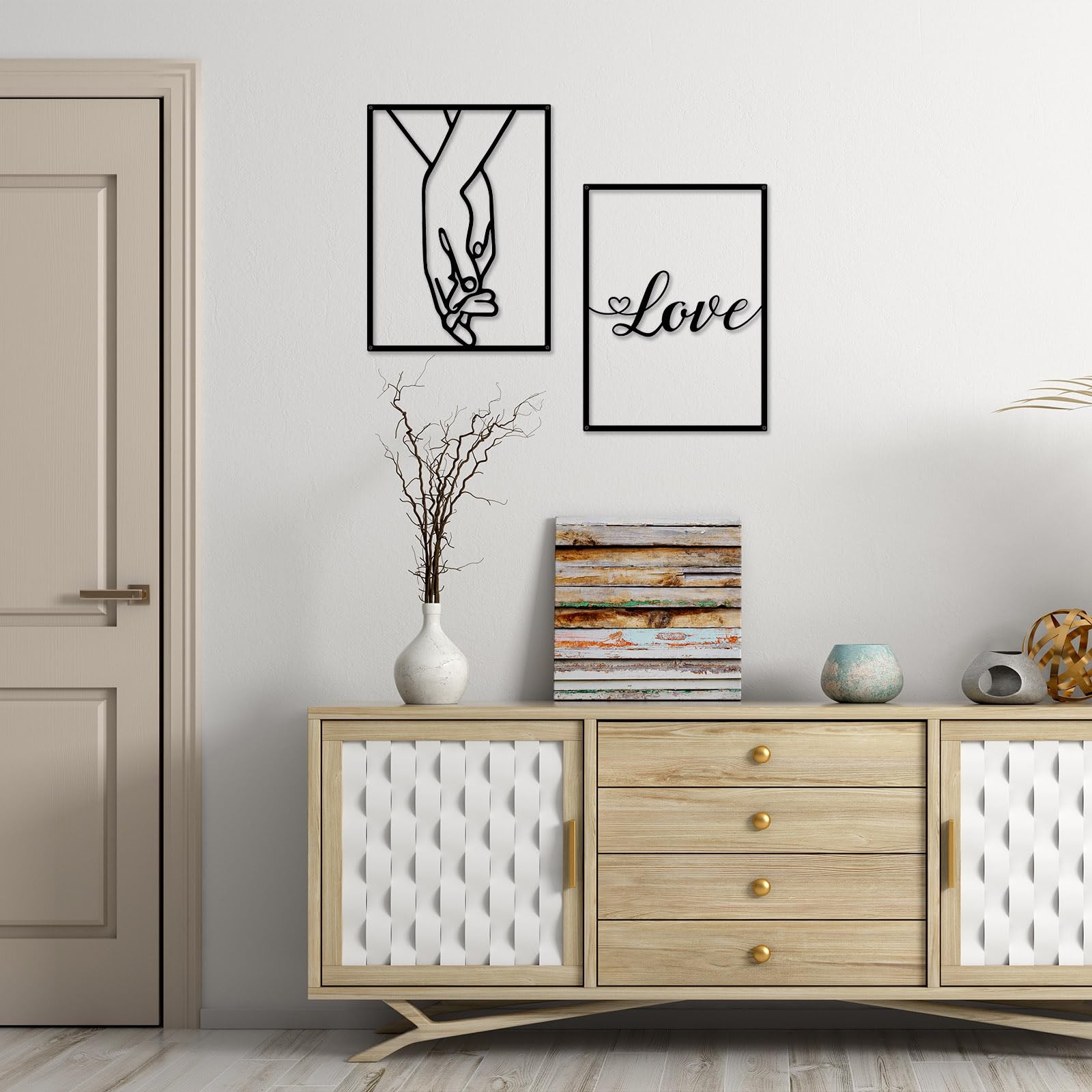 3 PCS Love Hands Minimalist Black Metal Wall Art Abstract Heart Couple Decor