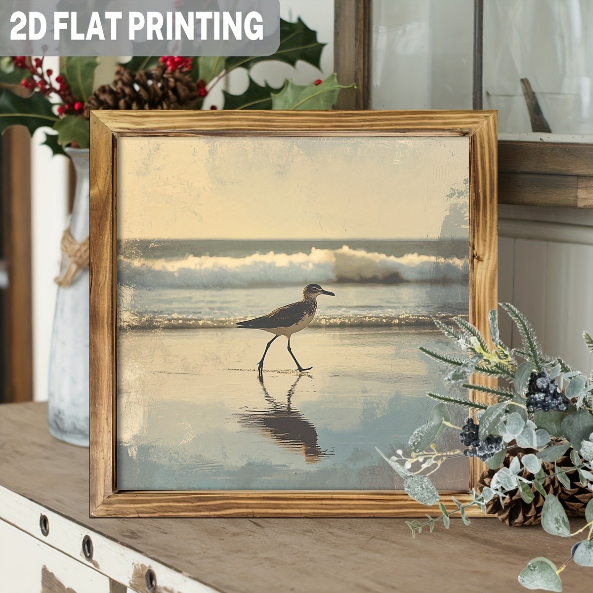 Shorebird Walking On Sandy Beach Vintage Coastal Landscape Wooden Framed Art