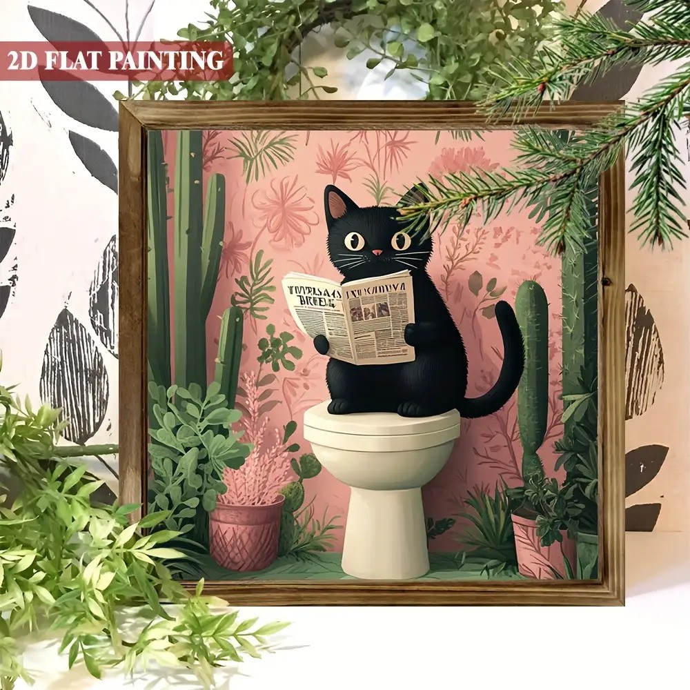 2D Bohemian Black Cat Reading Newspaper Wooden Sign for Home Bathroom Wall Decor
