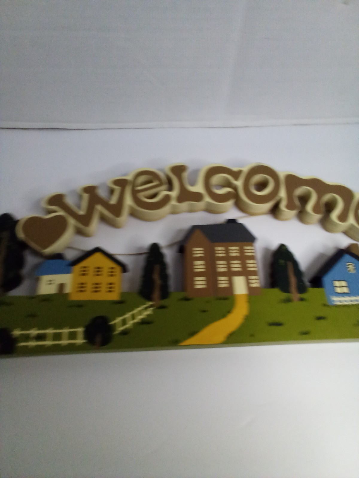 Vintage Folk Art Welcome Sign Houses Trees Hand Painted Cottagecore 19″ x 7″