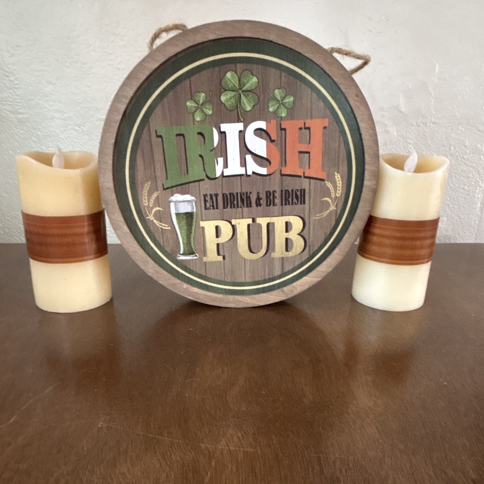 Rustic Round Wood Irish Pub Sign Plaque, Hanging Wall Mounted Lettering