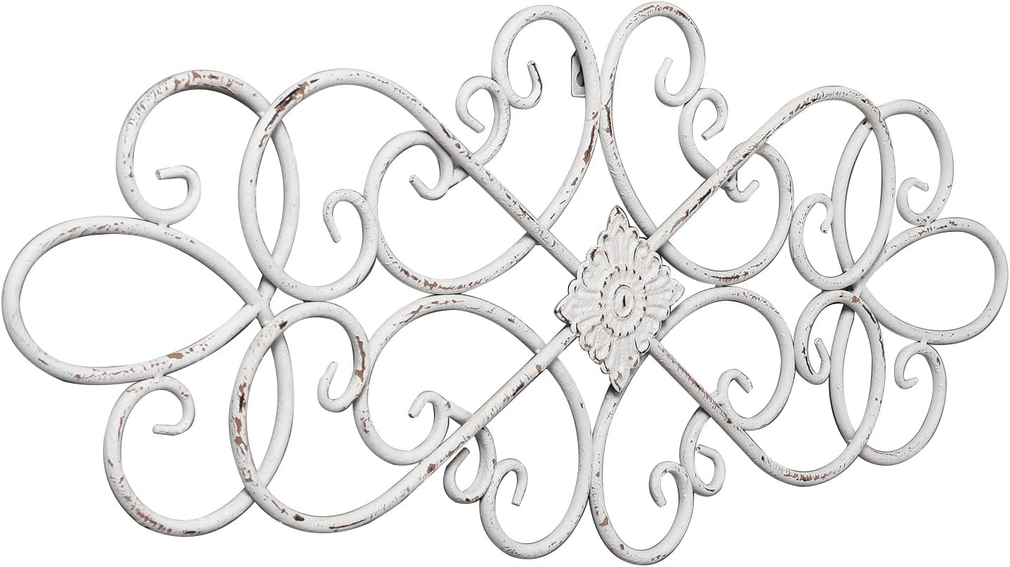White Flower Scroll Metal Wall Art Decor 32″ x 13″ | Hanging Vintage Large Flora