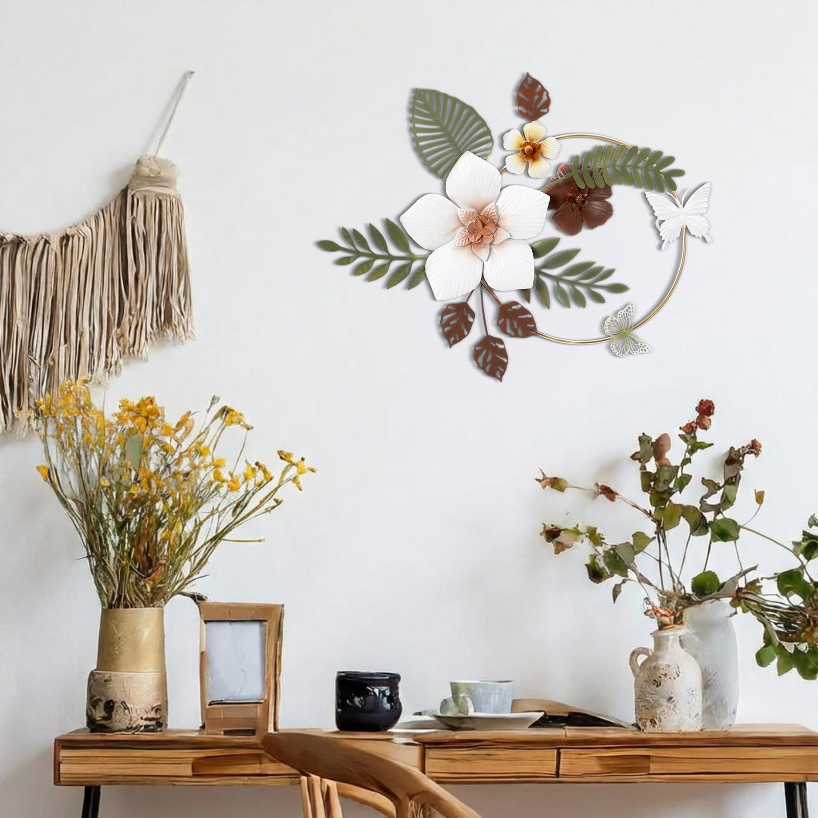 3D Metal Flower Wall Decor – 13.78” Gold Circle Floral Wall Art with Green T…