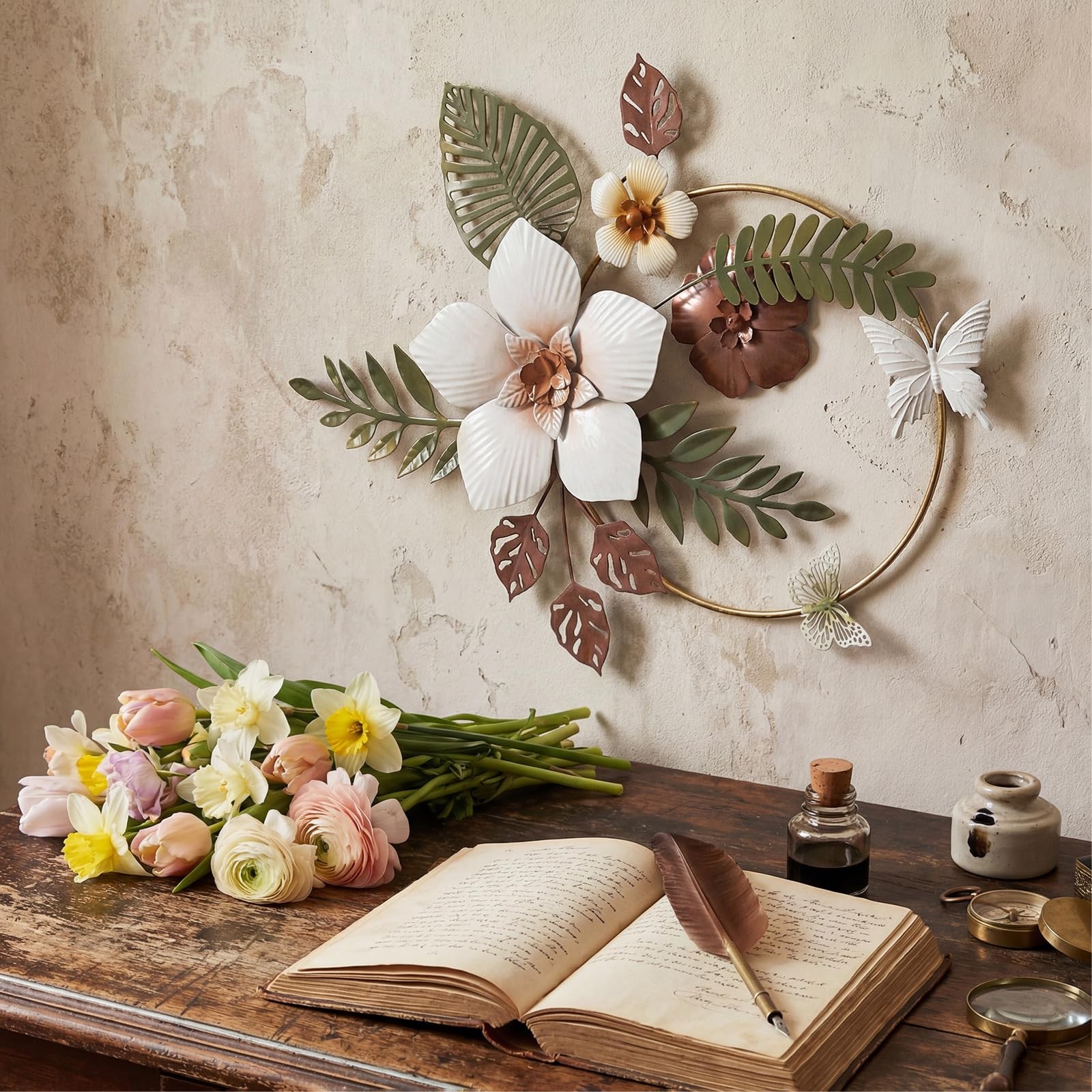 3D Metal Flower Wall Decor – 13.78” Gold Circle Floral Wall Art with Green T…