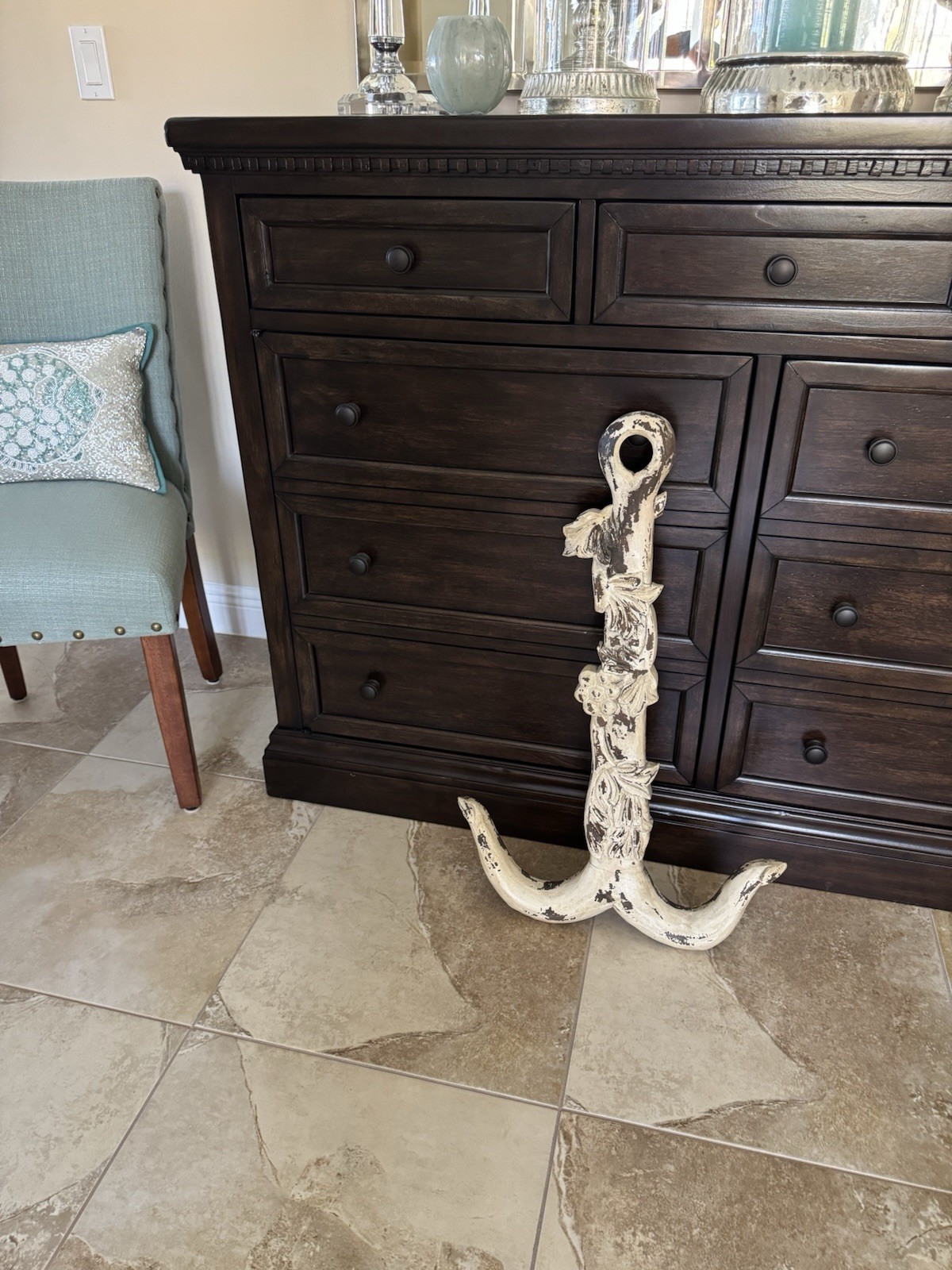 Pottery Barn ~ CARVED WHITE WOODEN ANCHOR ~ COASTAL HOME WALL SIGN SEA GRAPE
