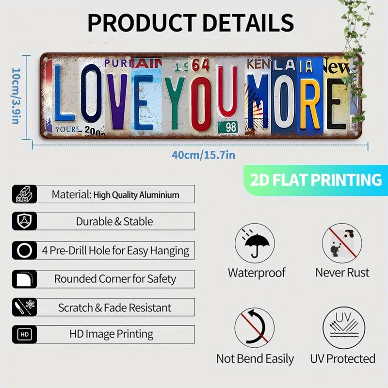 Love You More License Plate Collage Metal Sign Rustic Vintage Wall Decor Plaque