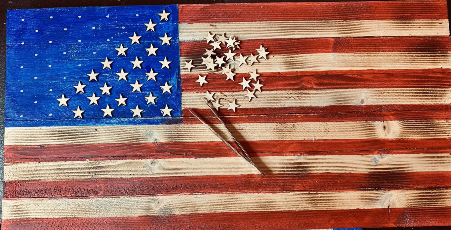 Handmade Wooden American Flag – stressed burnt wood 13″x24″ indoor/covered porch