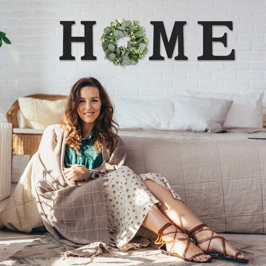 4 Pcs Rustic Wood Home Sign with Eucalyptus Wreath Wall Decor for Farmhouse Room