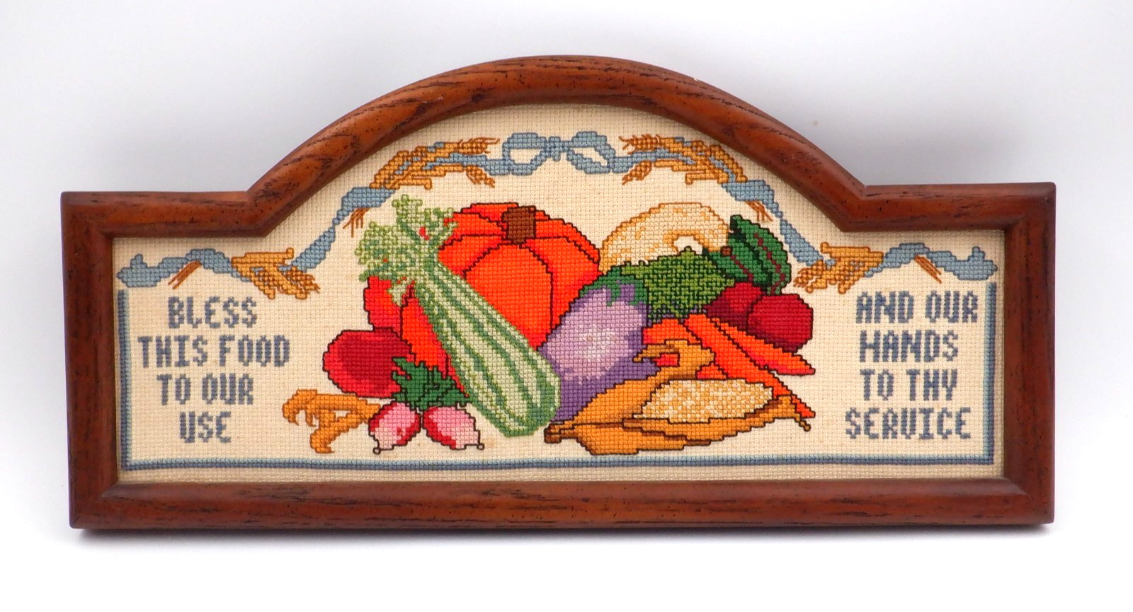RARE 1980s Embroidered Bless This Food Sign Cross Stitch Multicolor Framed
