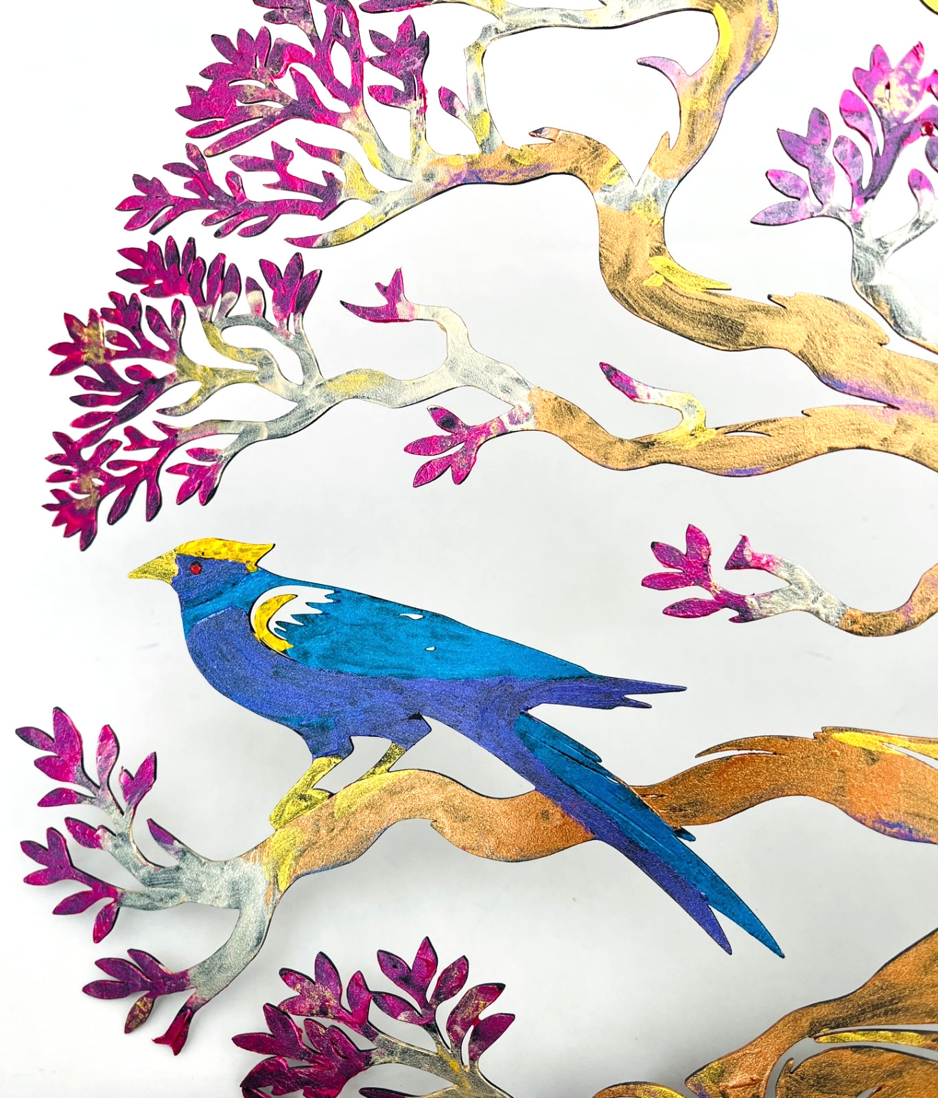 Tree of Life Metal Wall Art Hand Painted Metallic Paints Tree + 1 Blue Bird