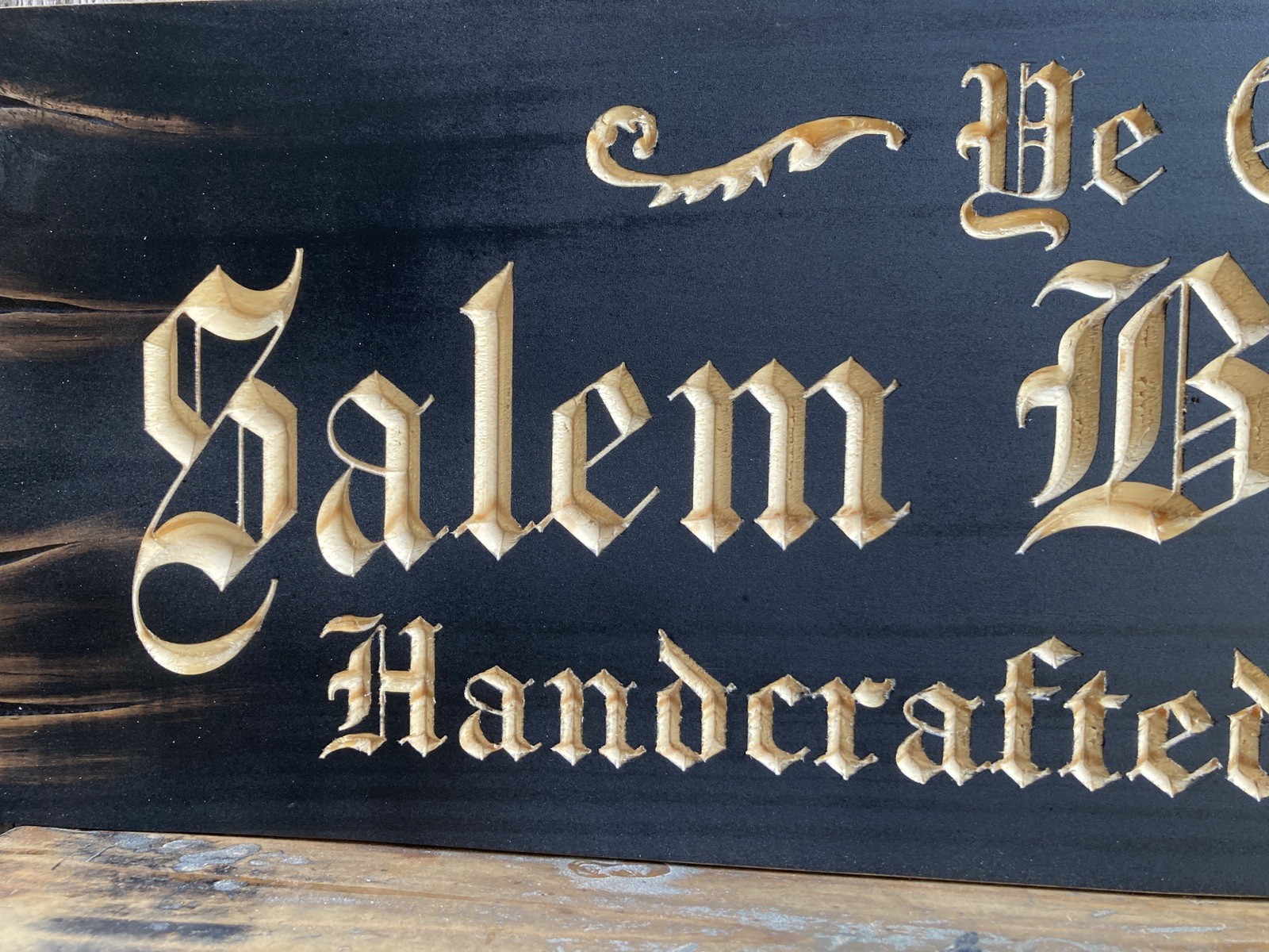 Halloween Salem Witch Broom Wooden Sign Carved Rustic Antique Look