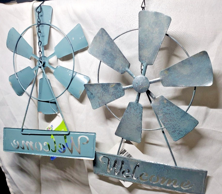 2 GardenCollection Hanging Windmill “Welcome” Sign 10” Small Metal Silver Green