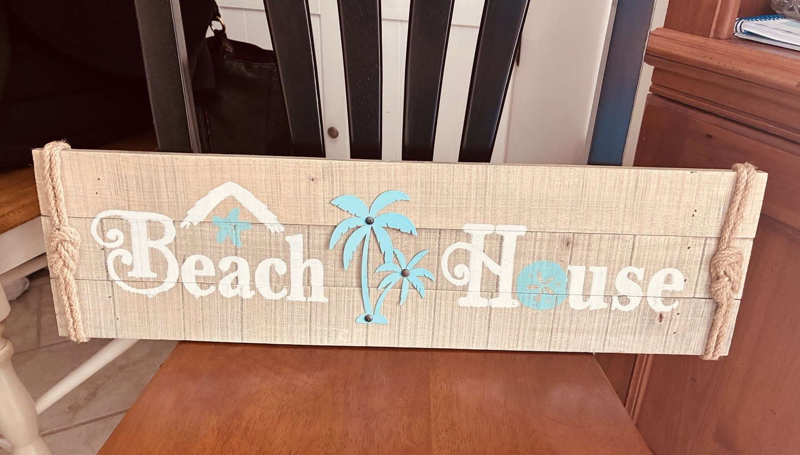 Beach House Coastal Wood Wall Sign w/ Rope Hanger, Ready To Hang, Blue