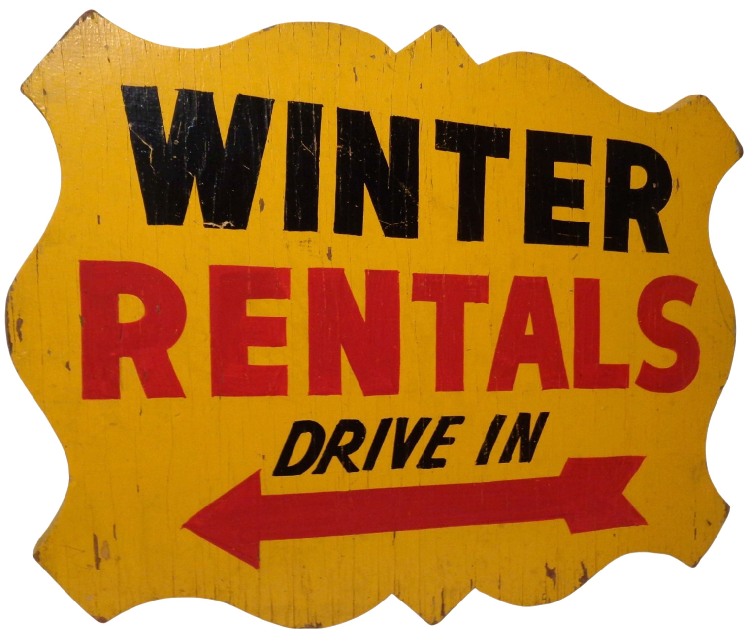 WINTER RENTALS DRIVE IN EARLY-MID 20TH C VINT HAND PAINTED JIG-CUT EDGE WDN SIGN