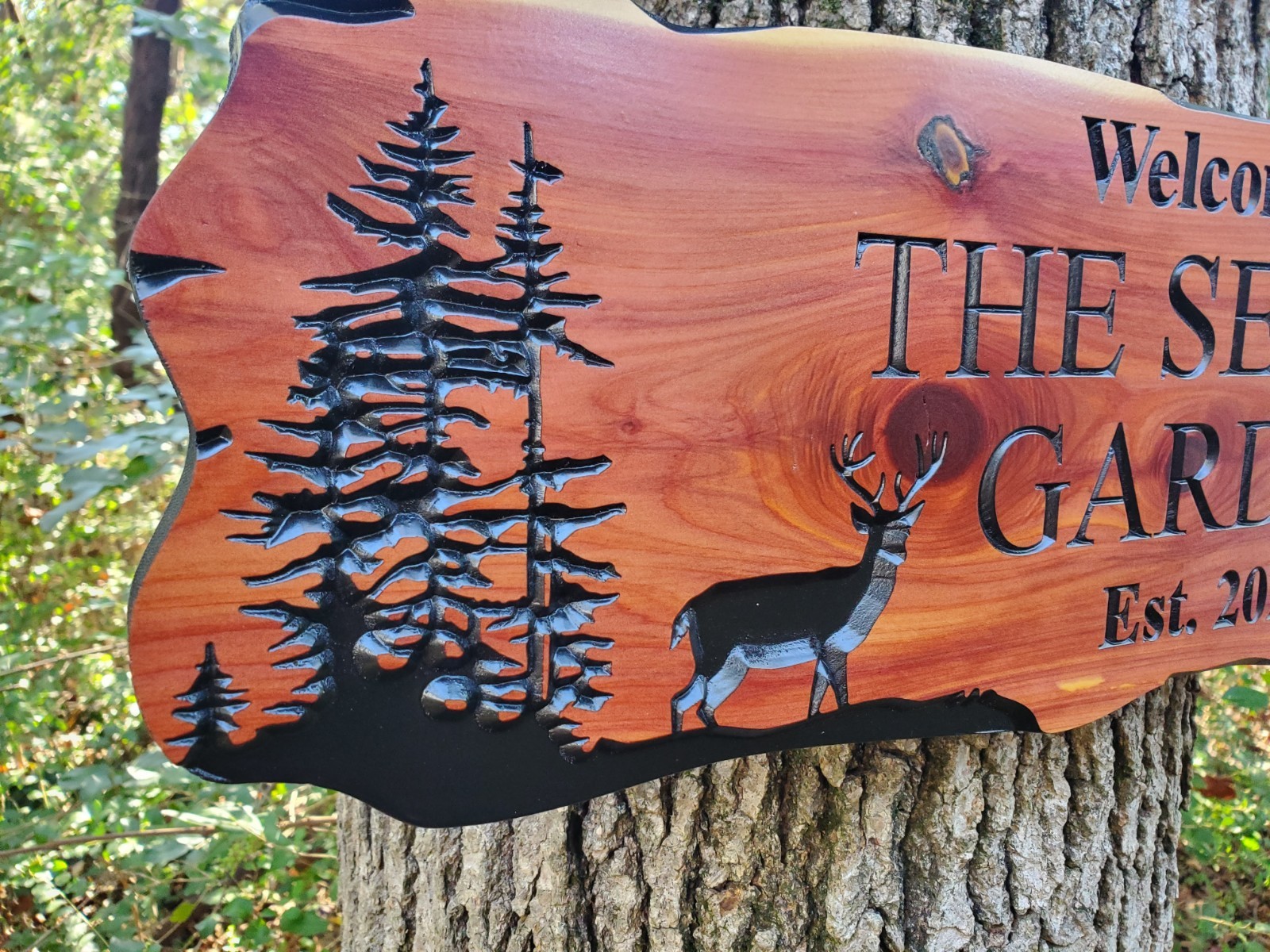 Custom Dear Sign Carved Wood Name Mountain Lake Home House Outdoor Plaque
