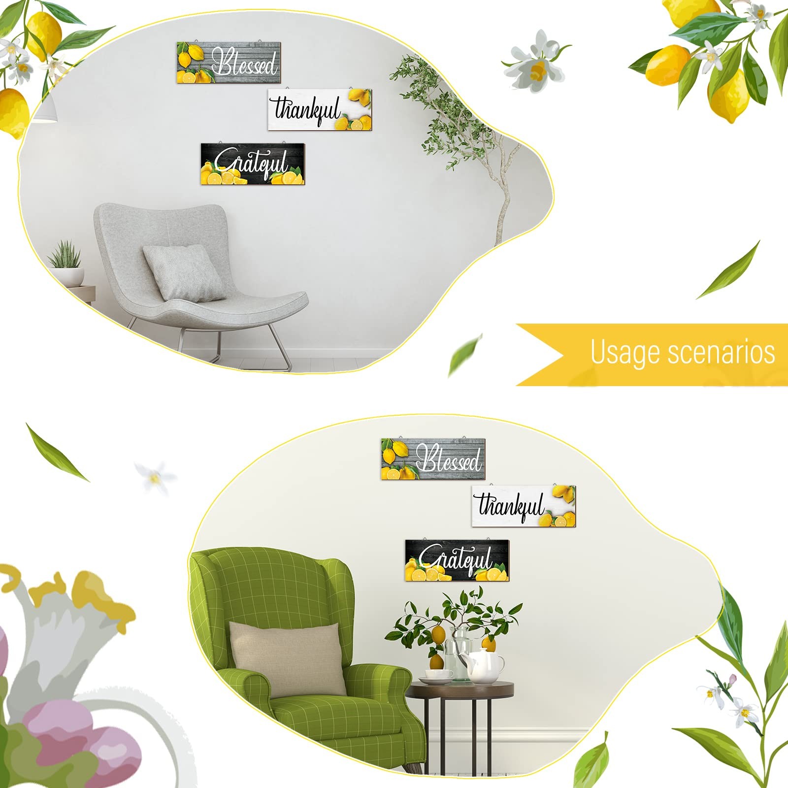Amyhill 3 Pieces Lemon Wall Decor Grateful 11.81 x 4.72 inches, Multicolor