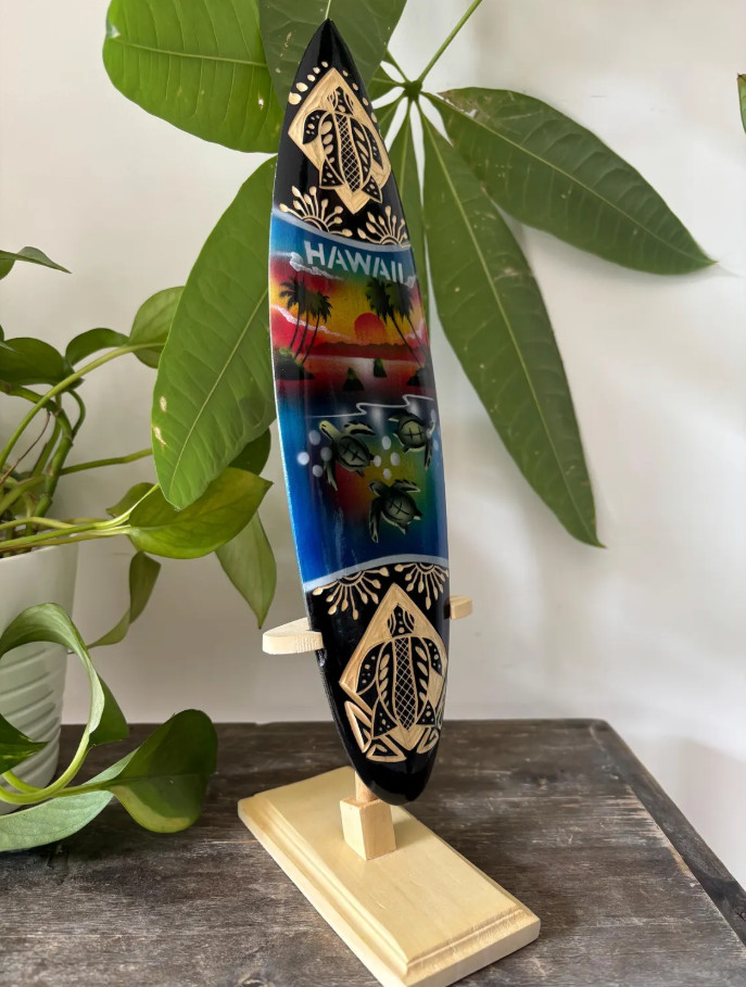 Hawaiian Hand Made 12″ Carved Wood Surfboard Display Stand Sunset Honu Turtles