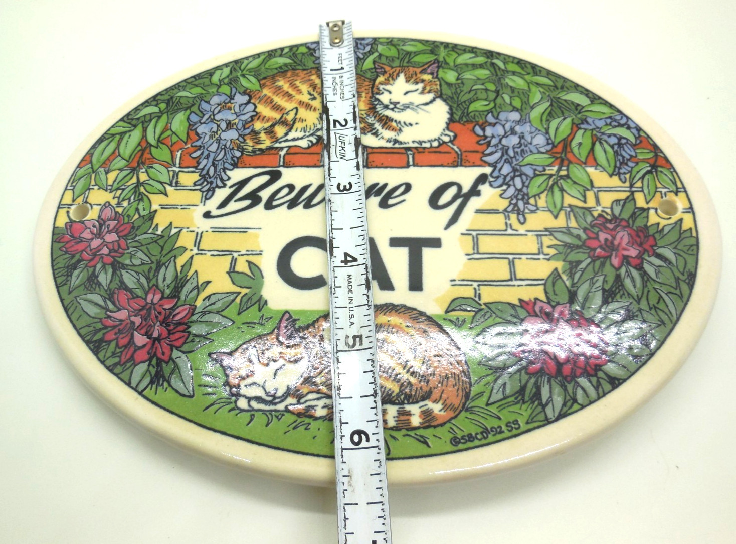 Vtg 92 Santa Barbara Ceramic Design Beware of Cat 8-3/8″ Oval Plaque Tile Sign