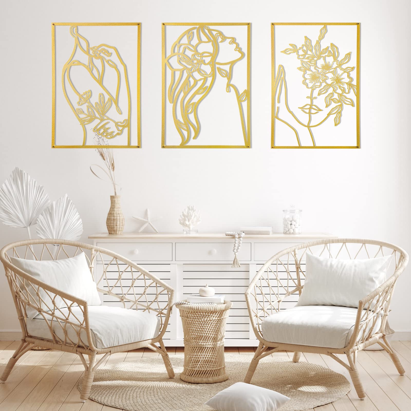 3 PCS Gold Metal Wall Decor Minimalist Line Art Female Body Room 15 Inch