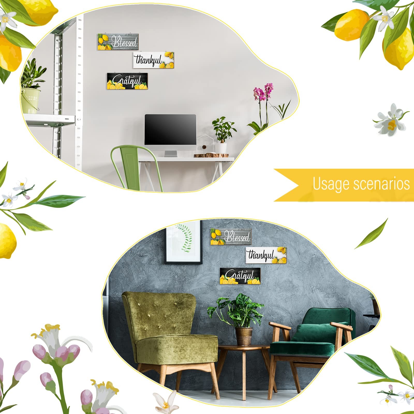 Amyhill 3 Pieces Lemon Wall Decor Grateful 11.81 x 4.72 inches, Multicolor
