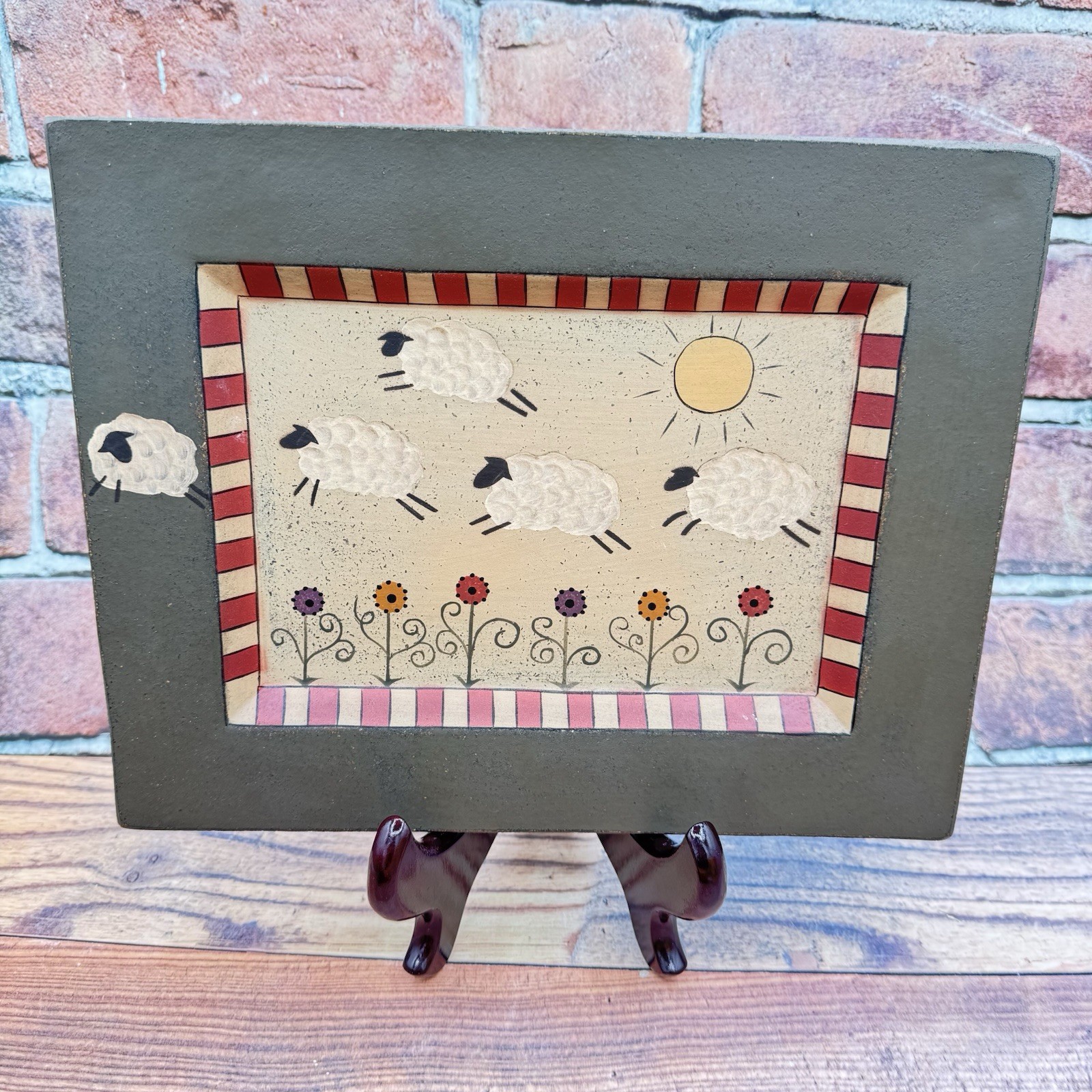 Vintage Donna White Wooden Plate Plaque Sheep Signed Folk Art Farmhouse 90s