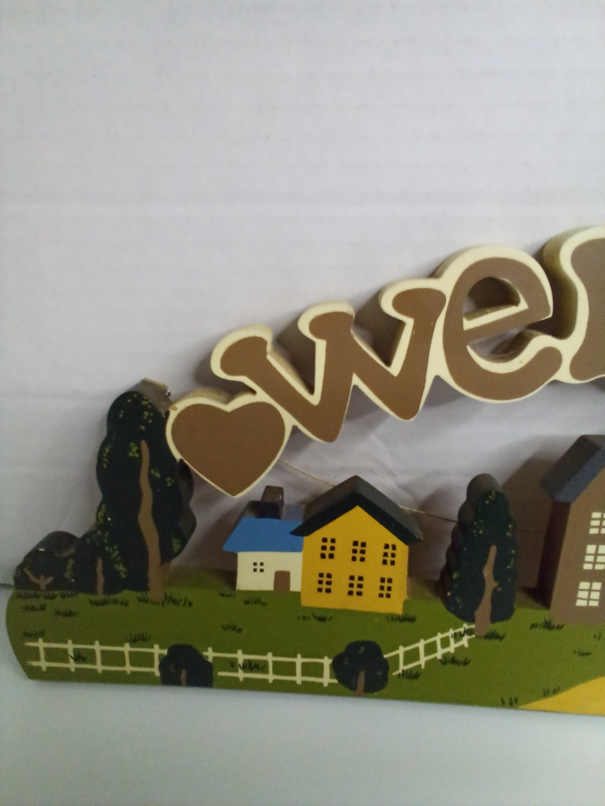 Vintage Folk Art Welcome Sign Houses Trees Hand Painted Cottagecore 19″ x 7″