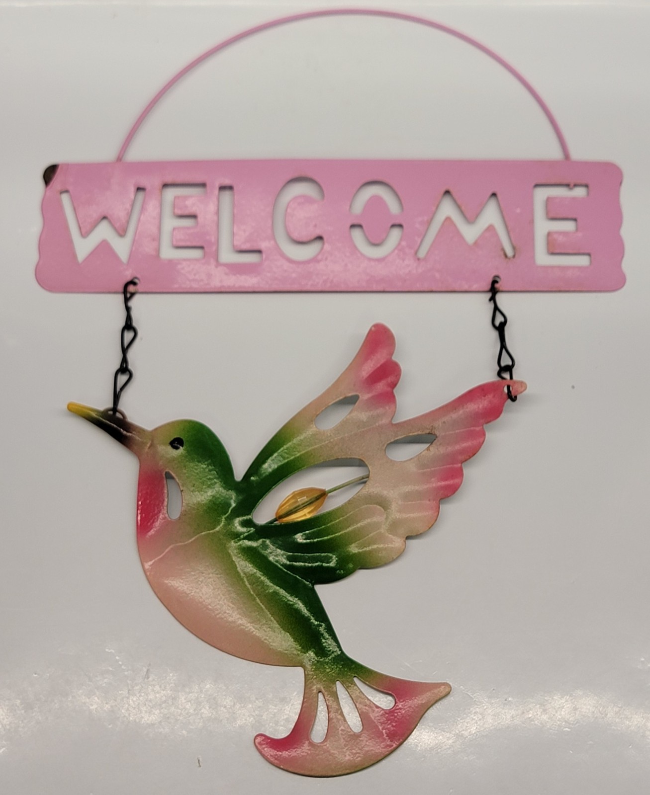 Garden Collection Metal Glossy Hummingbird Pink Welcome Sign 8″ x 11″ Used