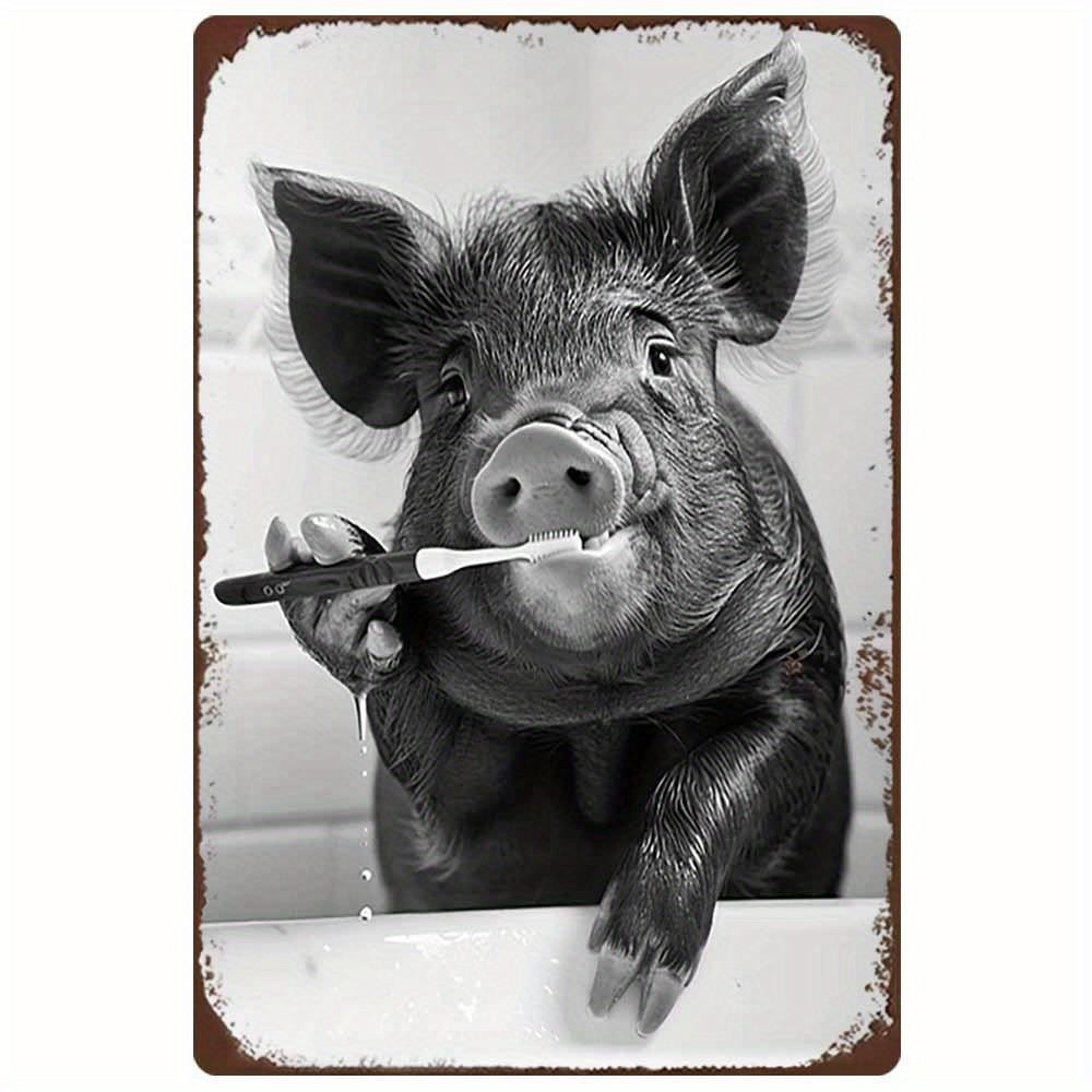 Vintage Metal Sign Black White Pig Funny Farmhouse Aluminum Sign 8×12