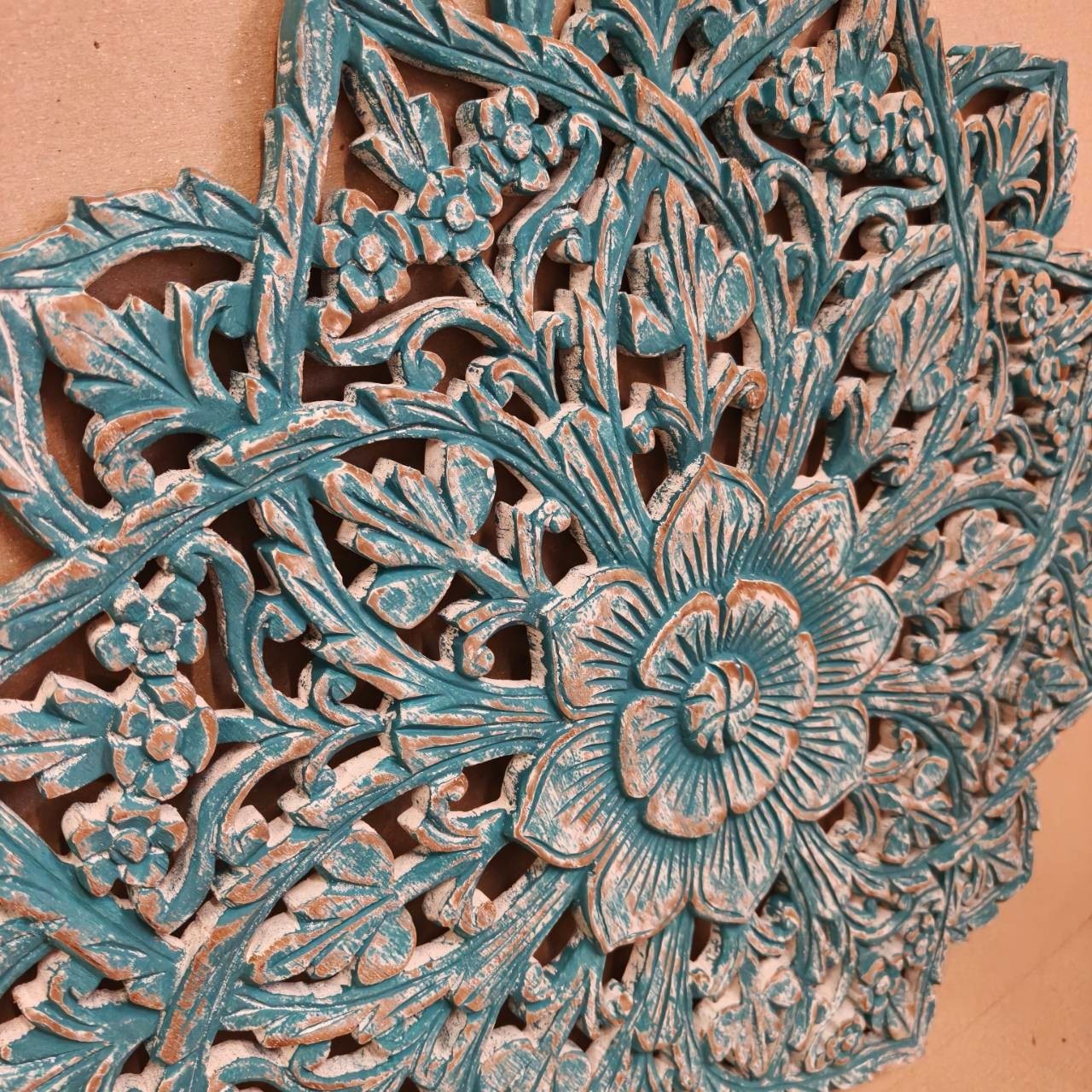 24″ Round Teak Wood Wall Art Hand Carved Floral Mandala Turquoise White RS003