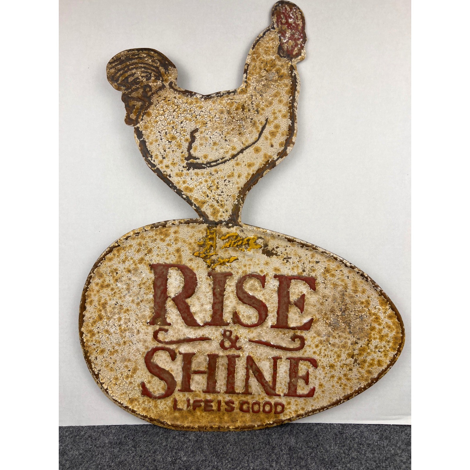 Rustic Farmhouse Rise & Shine Life Is Good Metal Rooster Egg Wall Decor Sign